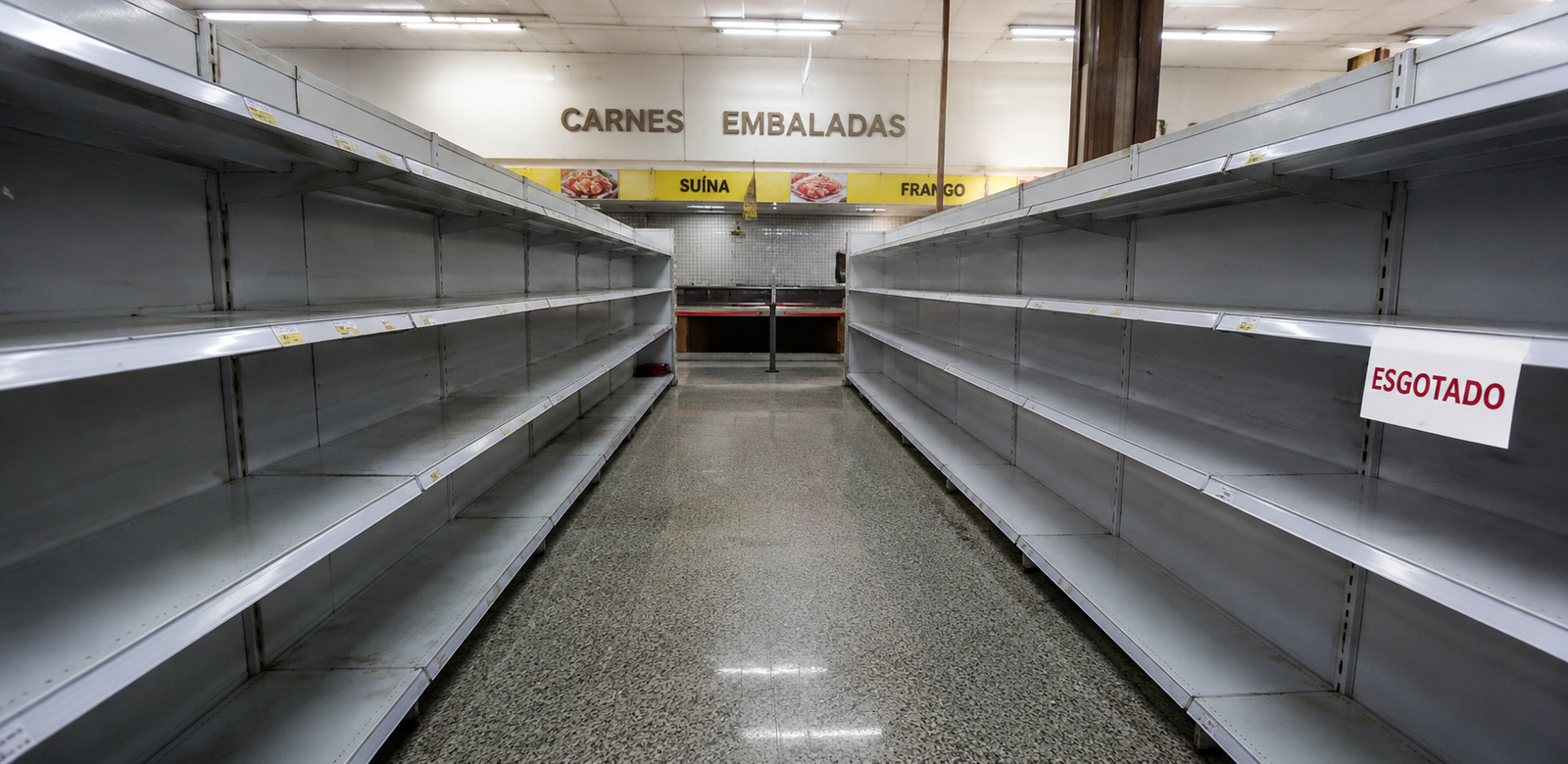 Prateleiras de supermercado completamente vazias durante crise